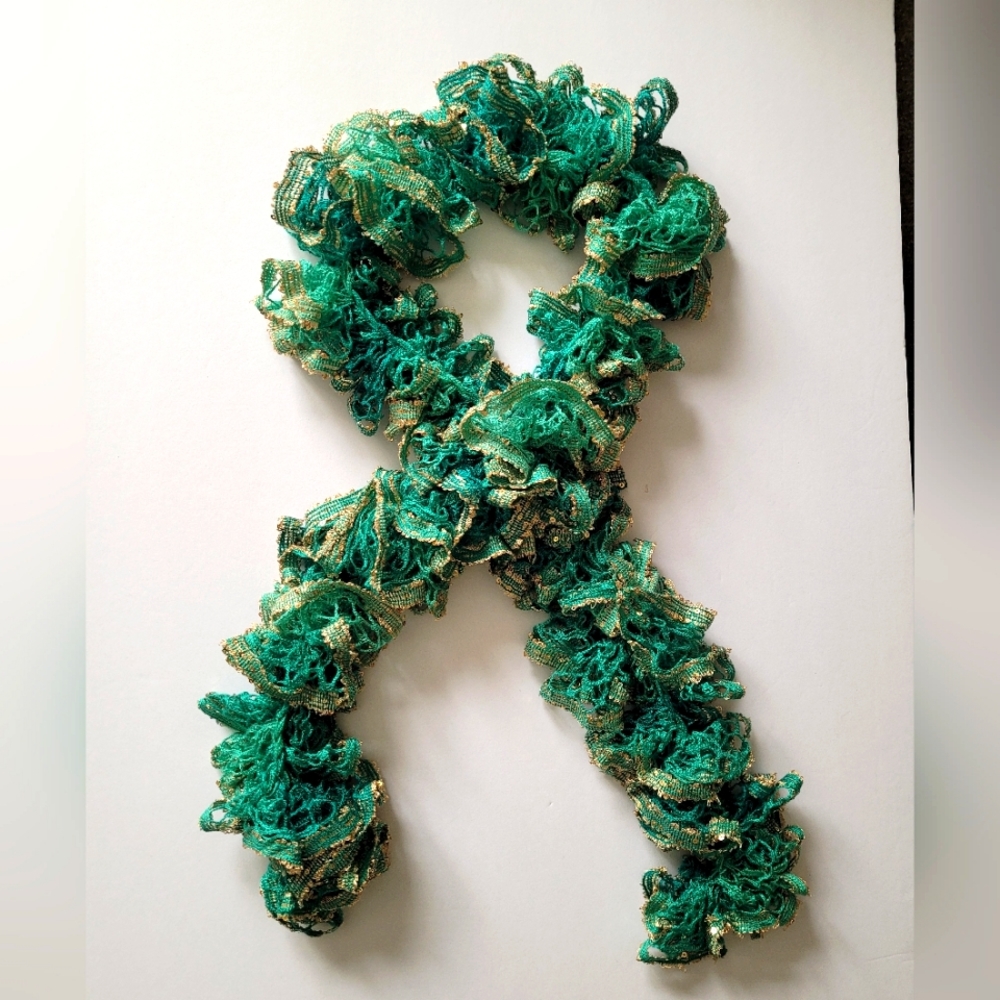 Handmade Ruffle Sashay Green and Gold Scarf 46in